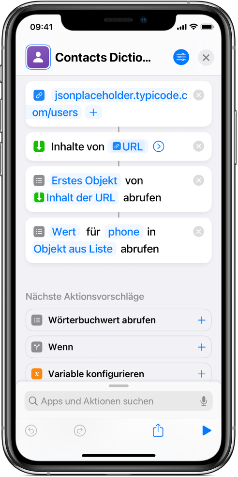 Die Aktion „Wörterbuchwert abrufen“ wird im Kurzbefehleditor mit dem auf „phone“ eingestellten Schlüssel angezeigt.