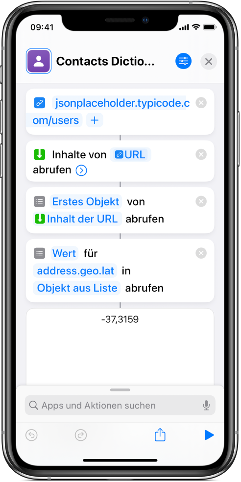 Die Aktion „Wörterbuchwert abrufen“ im Kurzbefehleditor wird mit dem auf „address.geo.lat“ eingestellten Schlüssel angezeigt.