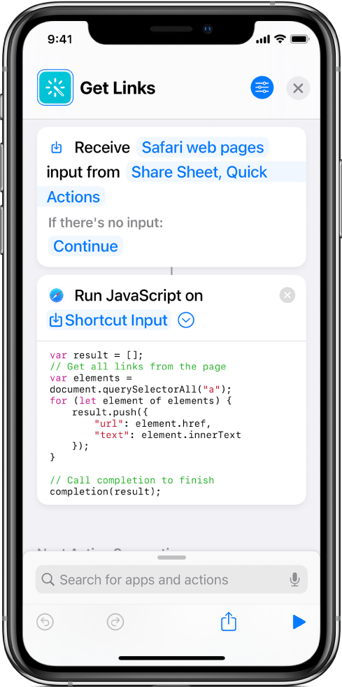 The Run JavaScript on Webpage action in the shortcut editor.