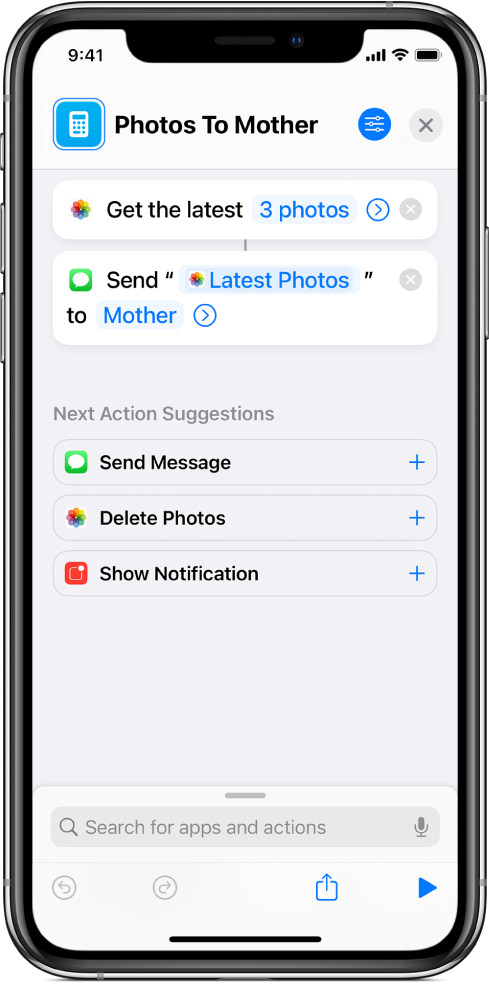 Shortcut containing a Get Latest Photos action and a Send Message action.