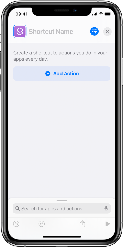 Empty shortcut editor on an iPhone.