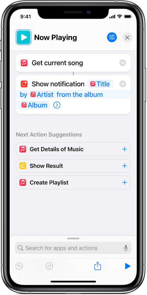 Show Notification action in the shortcut editor and Music Now Playing alert called by the Show Notification action.