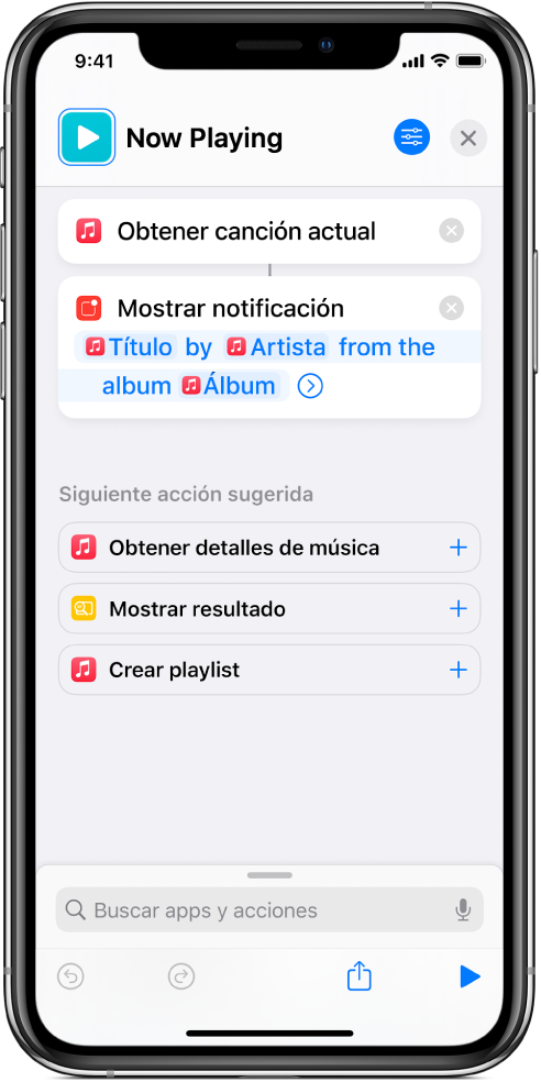 La acción "Mostrar notificación" en el editor de atajos y la alerta “Ahora suena de Música”, invocada por la acción "Mostrar notificación"