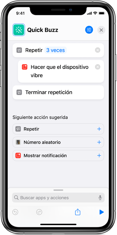 La acción "Hacer que el dispositivo vibre" con la clave "Repetir 3 veces"