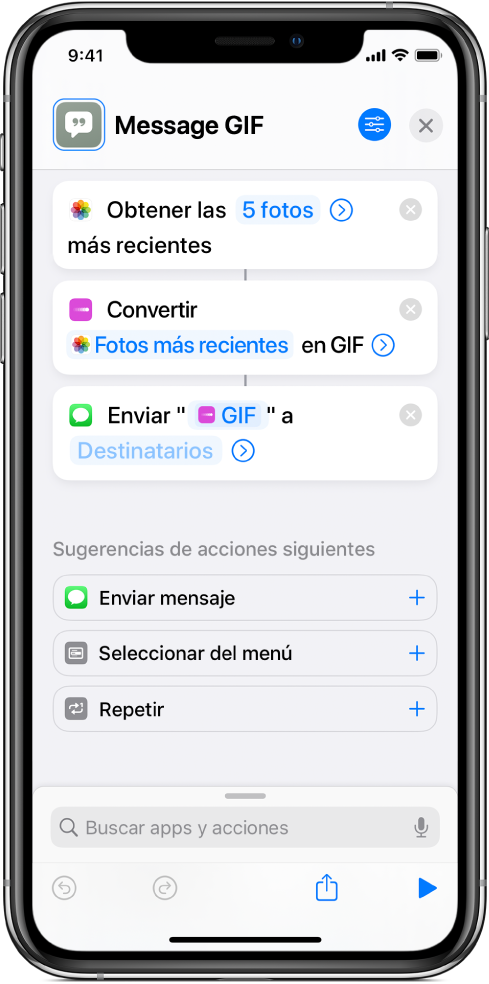 Editor de atajos que muestra las acciones que se usan para enviar un mensaje con fotos como GIF animado.