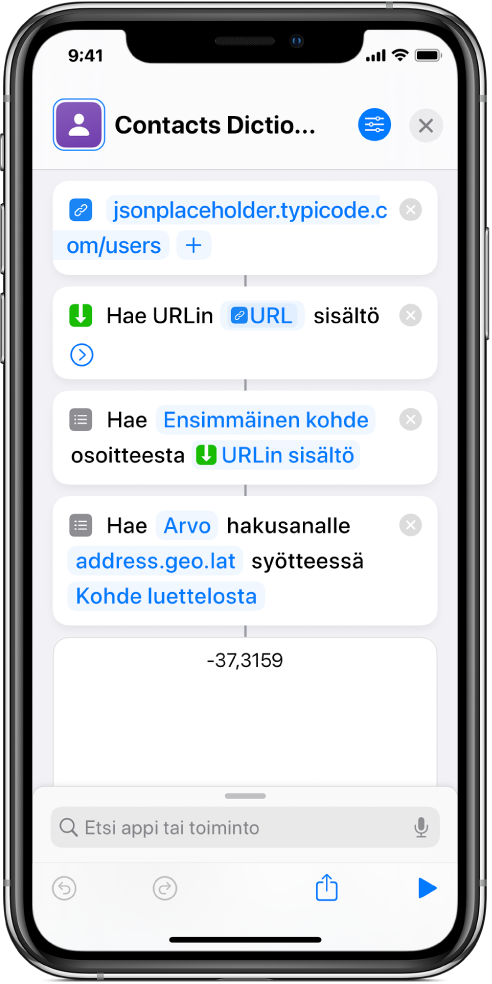 Hae sanakirjan arvo -toiminto pikakomentoeditorissa; avaimeksi on asetettu address.geo.lat.