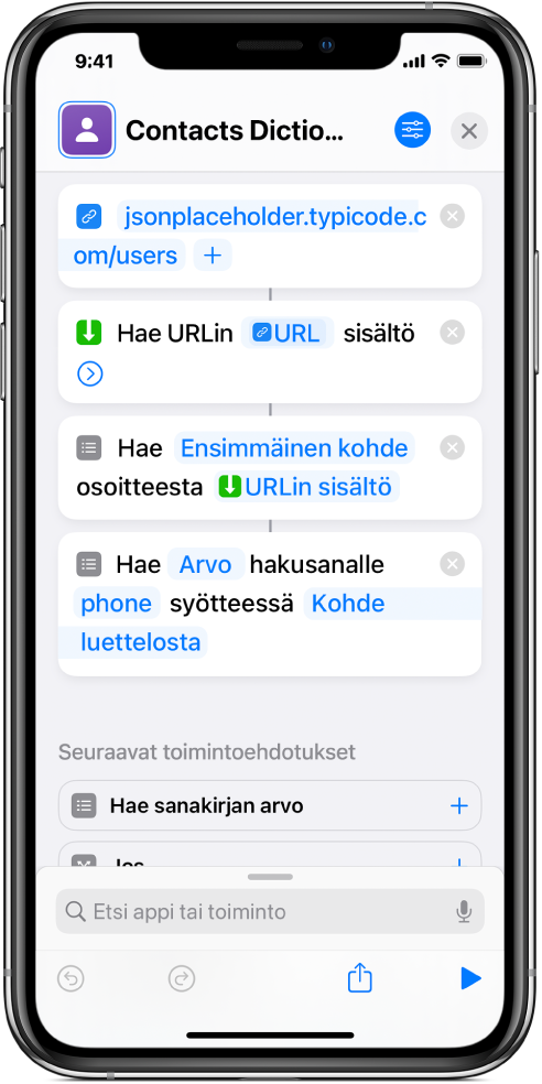 Hae sanakirjan arvo -toiminto pikakomentoeditorissa, avaimen asetuksena phone.