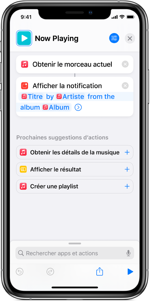 Action « Afficher la notification » dans l’éditeur de raccourci et alerte Musique « À l’écoute » appelée par l’action « Afficher la notification ».