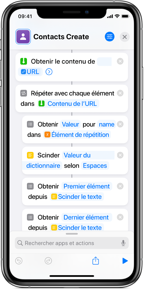 Raccourci affichant les actions « Scinder le texte ».