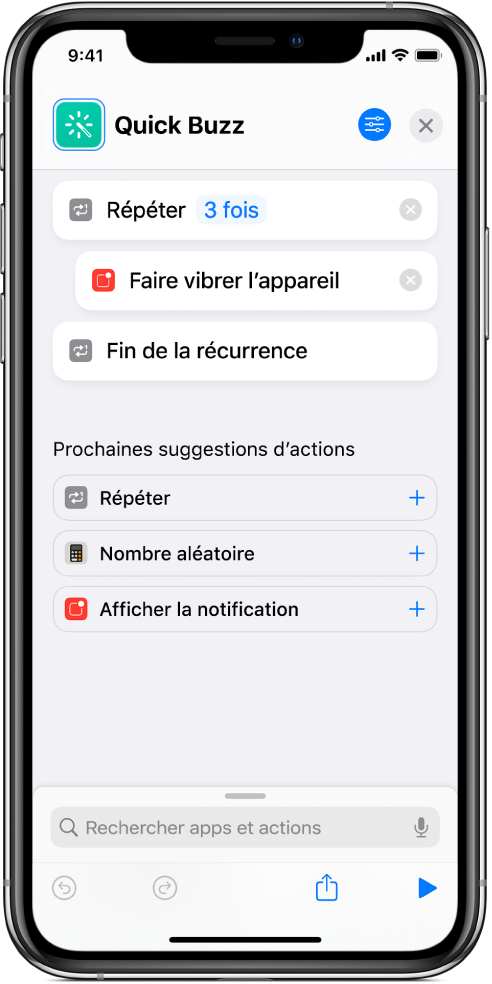 Action Faire vibrer l’appareil configurée sur Répéter trois fois.