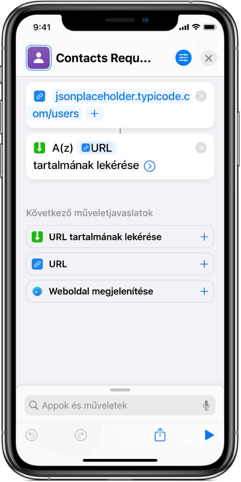 Az API-végpontra mutató URL-műveletet tartalmazó API-kérelem, amelyet az URL tartalmának lekérése művelet követ.