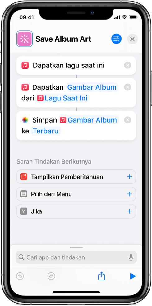 Contoh pintasan menampilkan tindakan yang mengekstrak konten dari input.