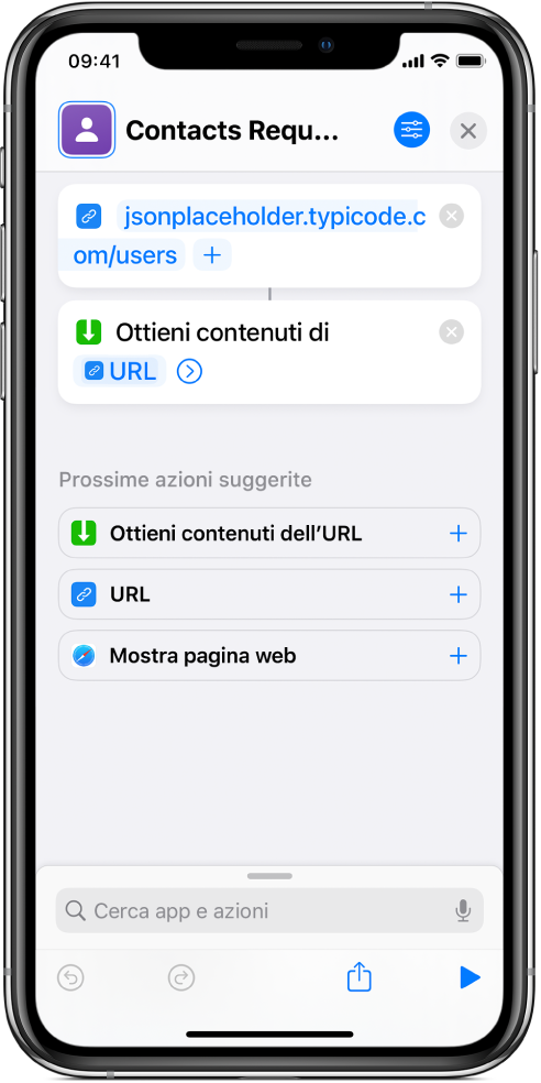 Una richiesta di un'API che contiene un'azione URL che indica l'endpoint dell'API, seguita da un'azione “Ottieni contenuti dell'URL”.