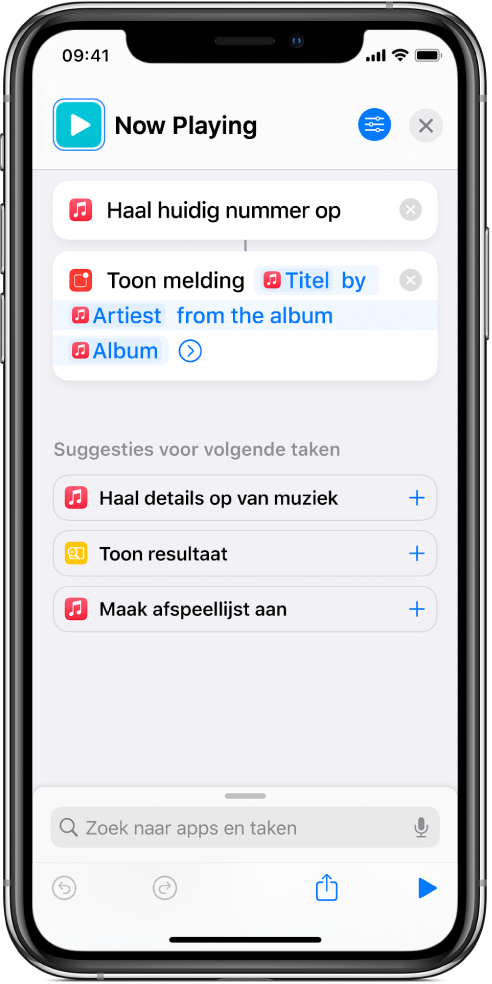 De taak 'Toon melding' in de opdrachteneditor en de melding 'Music Now Playing', zoals aangeroepen met de taak 'Toon melding'.