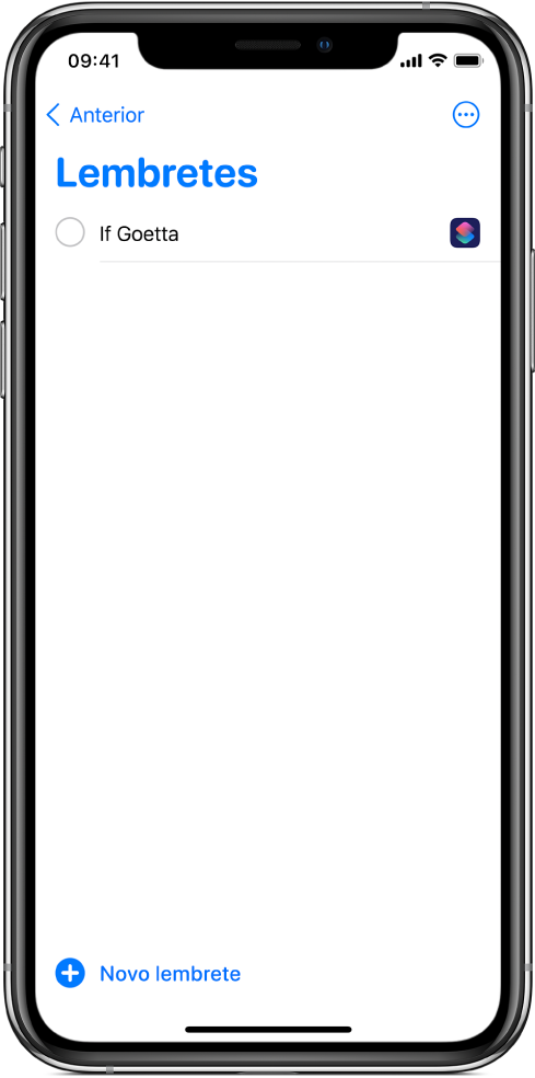 A aplicação Lembretes a mostrar o novo lembrete de atalho.