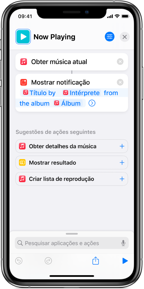 Ação “Mostrar notificação” no editor de atalhos e o aviso “A reproduzir” de Música chamado pela ação “Mostrar notificação”.