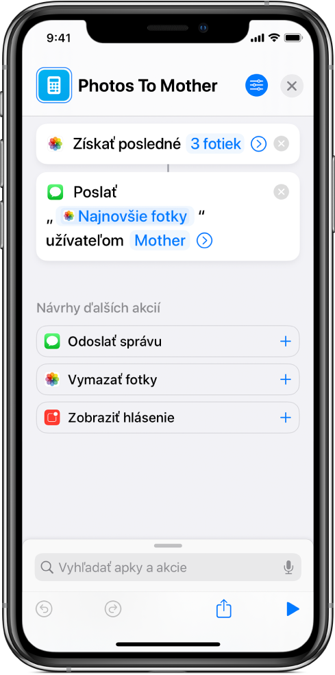 Skratka obsahujúca akciu Získať najnovšie fotky s Odoslať správu.