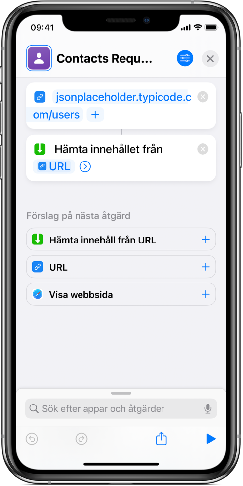 En API-förfrågan som innehåller en URL-åtgärd som pekar mot API-slutpunkten, följd av en Hämta innehåll från URL-åtgärd.