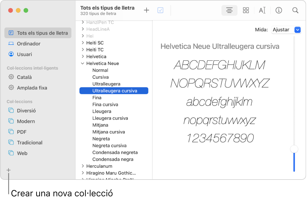 Finestra del Catàleg Tipogràfic que mostra el botó Afegir a l’angle inferior esquerre per crear una col·lecció nova.