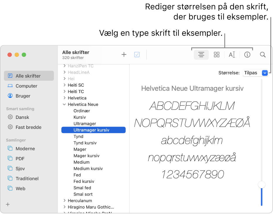 Vinduet Skriftbog viser knapper på værktøjslinjen til valg af skrifteksempel og et lodret mærke længst til højre til ændring af størrelsen på eksemplet.