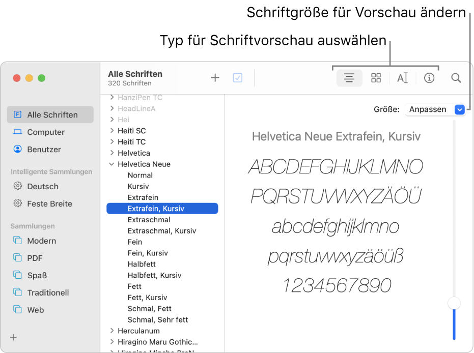 Das Fenster „Schriftsammlung“ mit Tasten in der Symbolleiste zum Auswählen der Schriftvorschau und einem vertikalen Regler ganz rechts zum Ändern der Vorschaugröße.