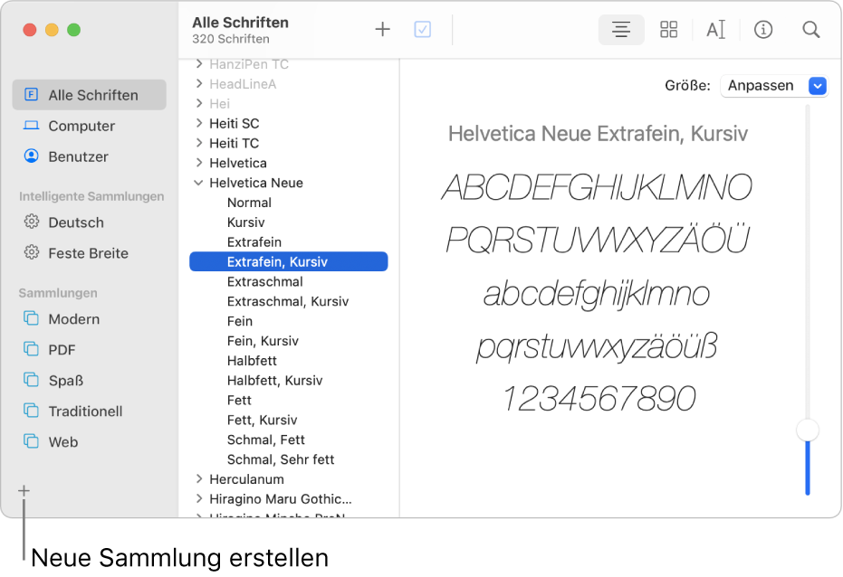 Das Fenster „Schriftsammlung“ mit der Taste „Hinzufügen“ unten links zum Erstellen einer neuen Sammlung.