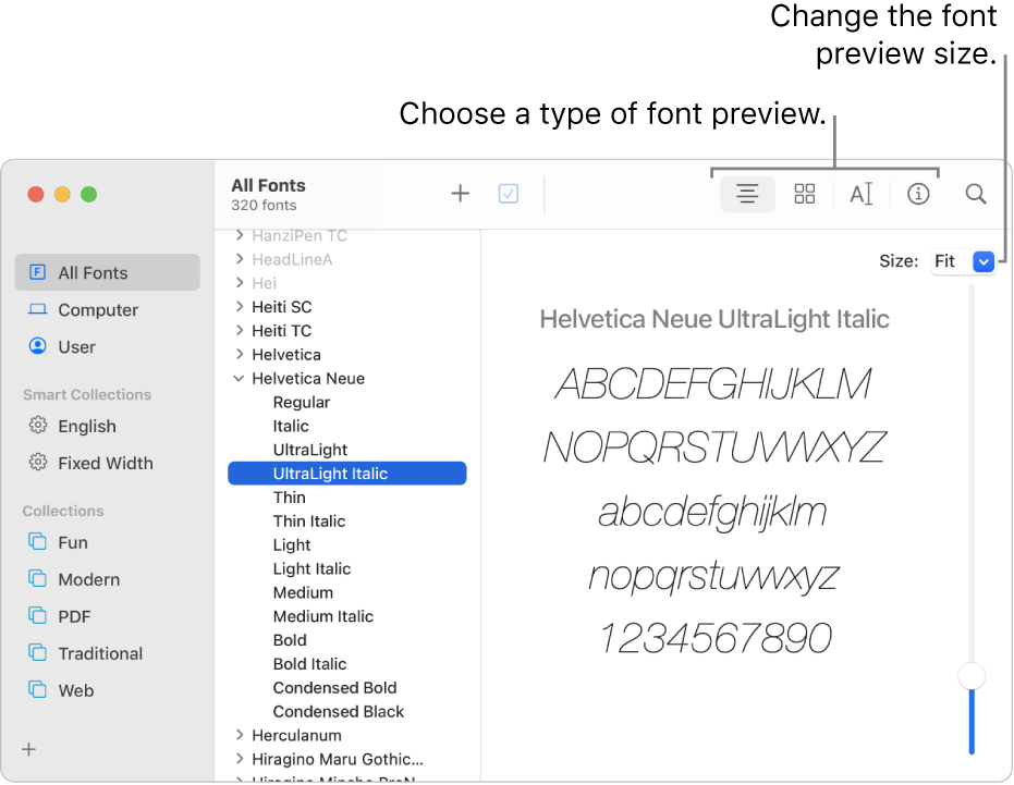 The Font Book window showing buttons in the toolbar for choosing the type of font preview, and a vertical slider at the far right for changing the preview size.