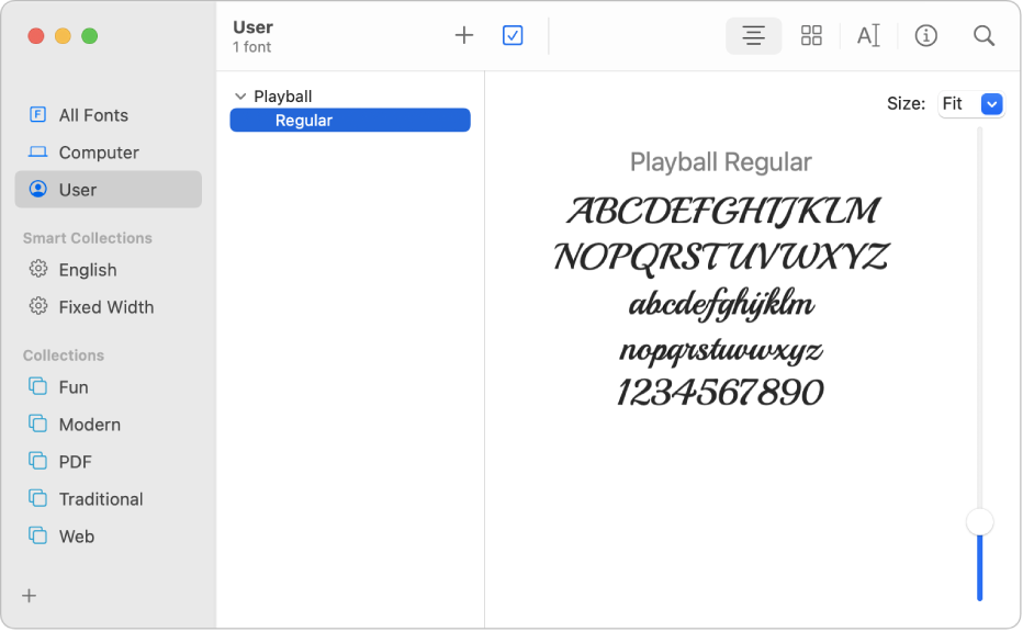 The Font Book window showing a list of user-installed fonts.