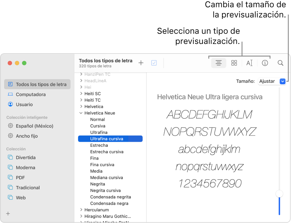 La ventana de Catálogo Tipográfico mostrando la barra de herramientas en la parte superior izquierda para elegir el tipo de vista previa de los tipos de letra, y un regulador vertical en la parte derecha para cambiar el tamaño de la vista previa.