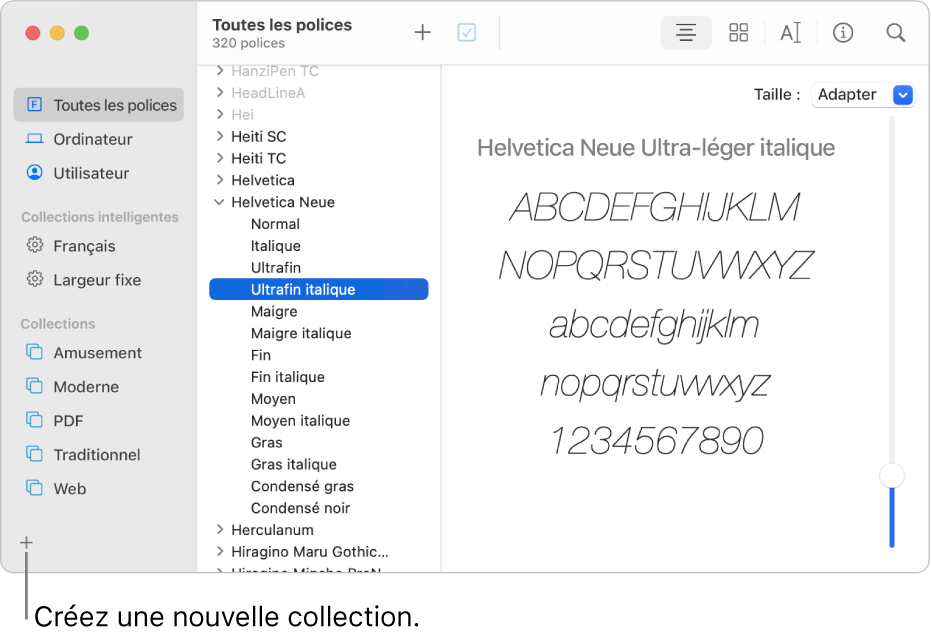 La fenêtre Livre des polices affichant le bouton Ajouter dans le coin inférieur gauche permettant de créer une nouvelle collection.