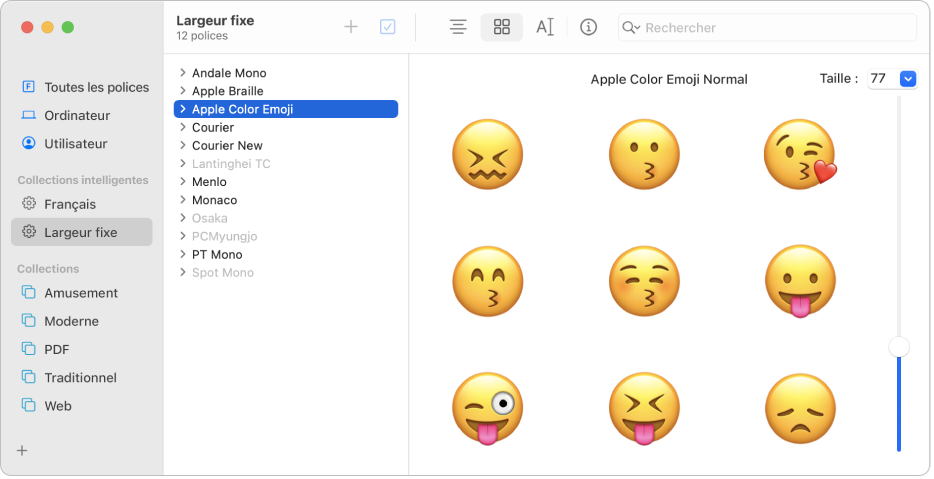 La fenêtre Livre des polices affichant un aperçu de la police Apple Color Emoji.