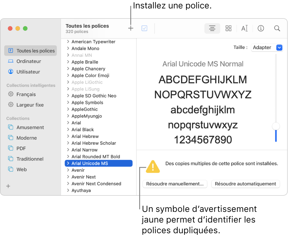 La fenêtre Livre des polices affichant le bouton Ajouter dans la barre d’outils pour l’ajout de polices et, dans le coin inférieur droit, un point d’exclamation jaune permettant d’identifier les doublons de police.