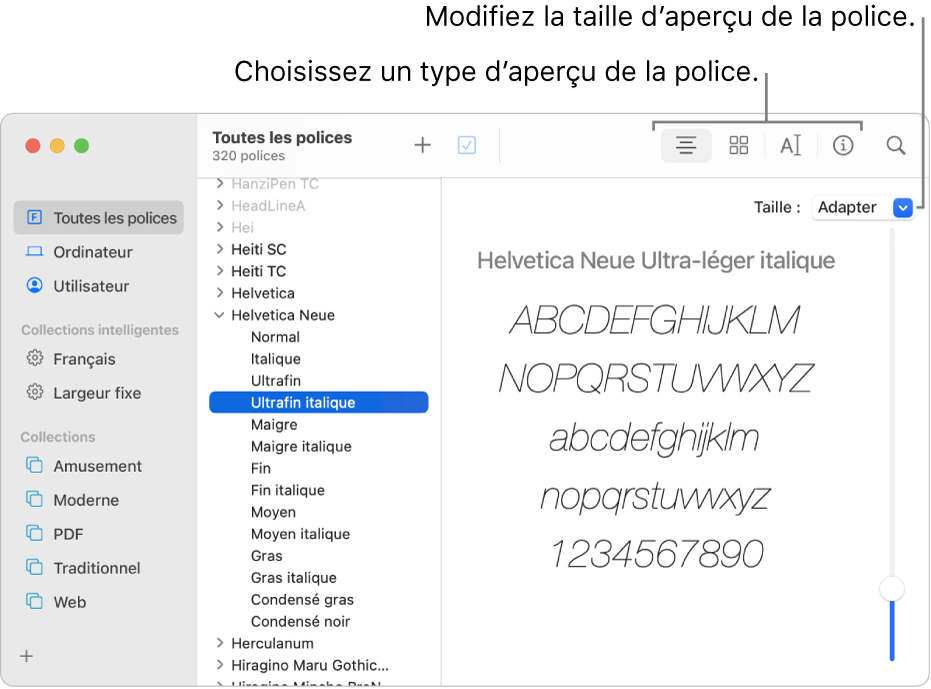 La fenêtre « Livre des polices » affichant des boutons dans la barre d’outils pour choisir le type d’aperçu des polices et un curseur vertical à l’extrême droite pour changer la taille de l’aperçu.