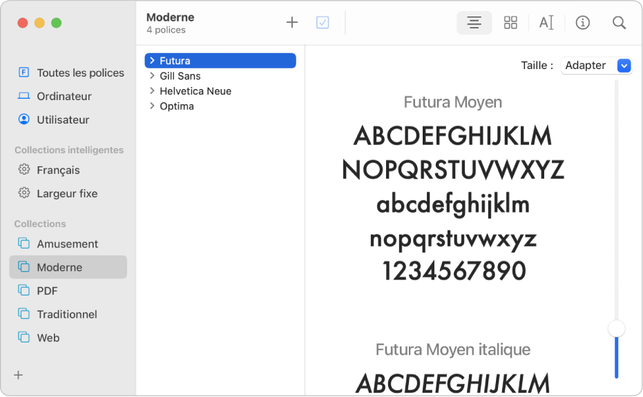 La fenêtre Livre des polices affichant les polices comprises dans la collection de polices Moderne.