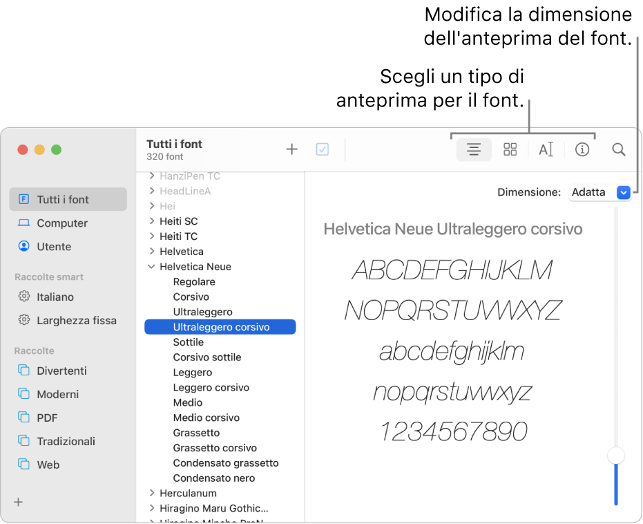 La finestra di Libro Font, con i pulsanti della barra degli strumenti per scegliere il tipo di anteprima font e un cursore verticale sulla destra per cambiare le dimensioni dell'anteprima.