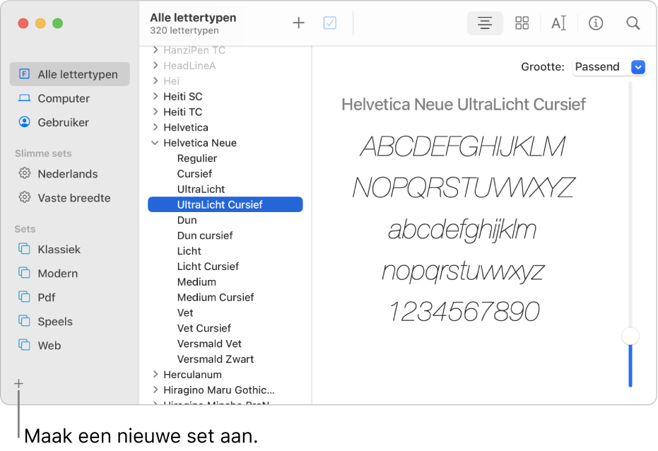 Het venster van Lettertypecatalogus met linksonderaan de knop met het plusteken voor het aanmaken van een nieuwe set.