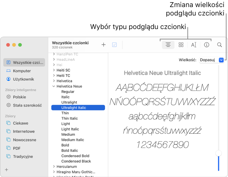 Okno Albumu z czcionkami, zawierające na pasku narzędzi przyciski wyboru typu podglądu czcionki, a przy prawej krawędzi okna pionowy suwak zmiany wielkości podglądu.