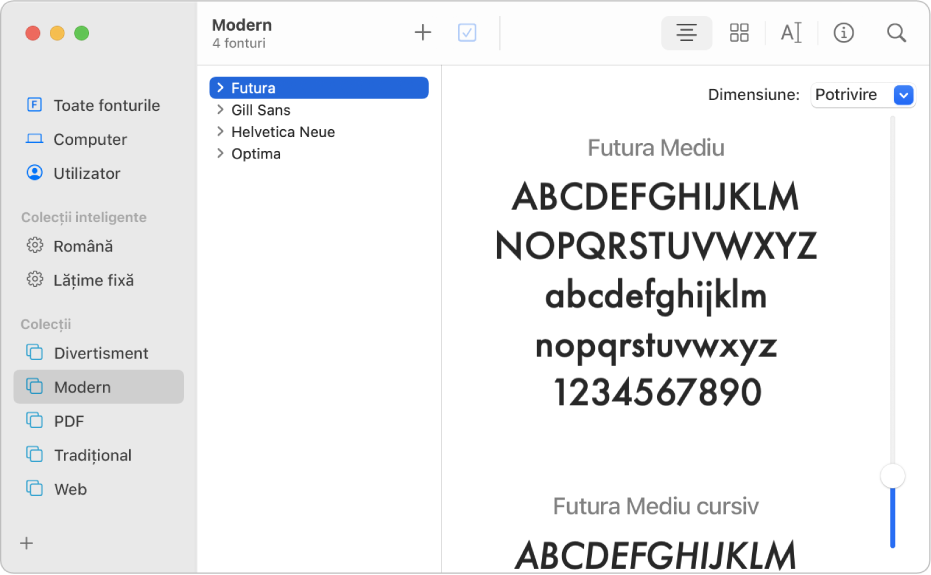 Fereastra Font Book afișând fonturile incluse în colecția de fonturi Modern.