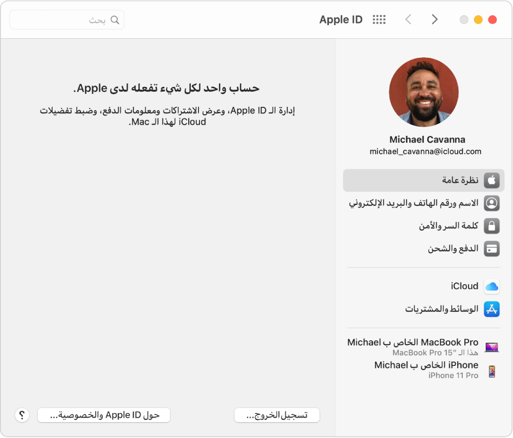 تفضيلات Apple ID تعرض شريطًا جانبيًا لأنواع مختلفة من خيارات الحساب التي يمكنك استخدامها وتفضيلات النظرة العامة ويظهر بها زر تسجيل الخروج.