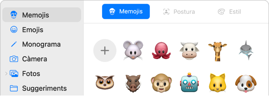 El quadre de diàleg de la imatge de l’ID d’Apple amb l'opció Memoji seleccionada a la barra lateral i alguns memojis a la dreta.