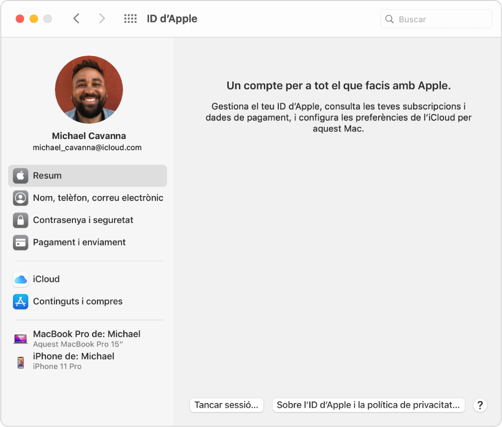 Les preferències de l’ID d’Apple que mostra una barra lateral amb la imatge de l’ID d’Apple a la part superior esquerra.