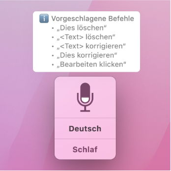 Das Feedback-Fenster für die Sprachsteuerung mit Vorschlägen für Befehle wie „Dies löschen“ und „Auf ,Bearbeiten’ klicken“.