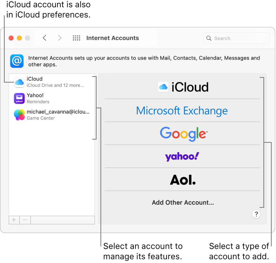 Internet Accounts preferences with accounts listed on the right and available account types listed on the left.