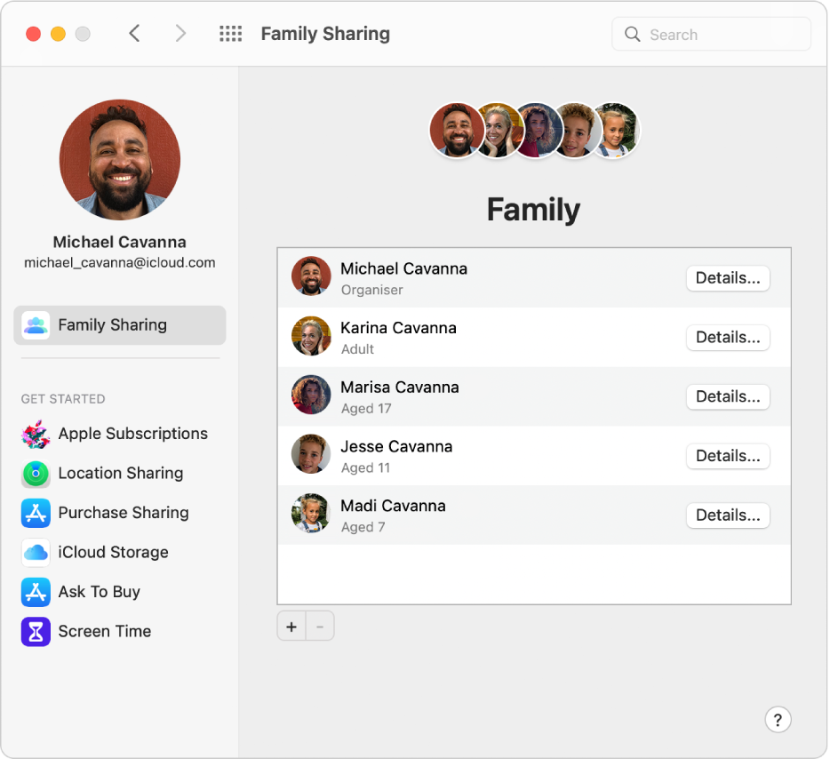 Family Sharing preferences showing a sidebar of different types of account options you can use and the Family preferences for an existing account.