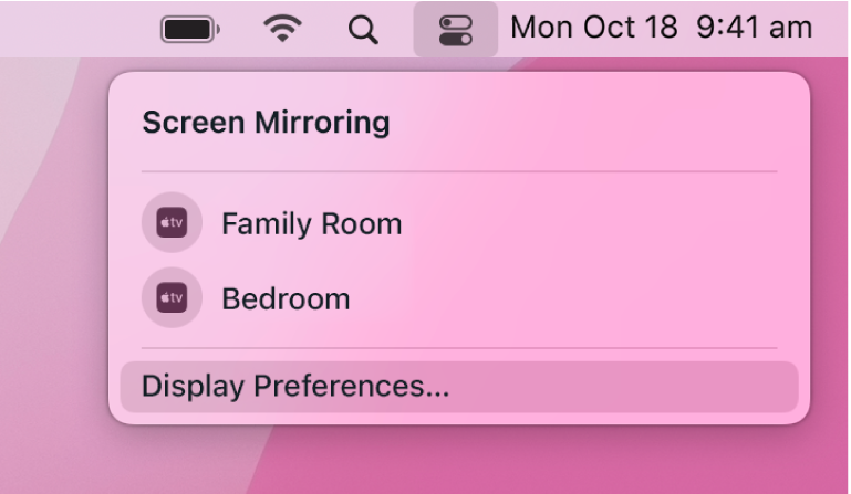 Screen mirroring options, including Apple TV, listed in Control Centre.