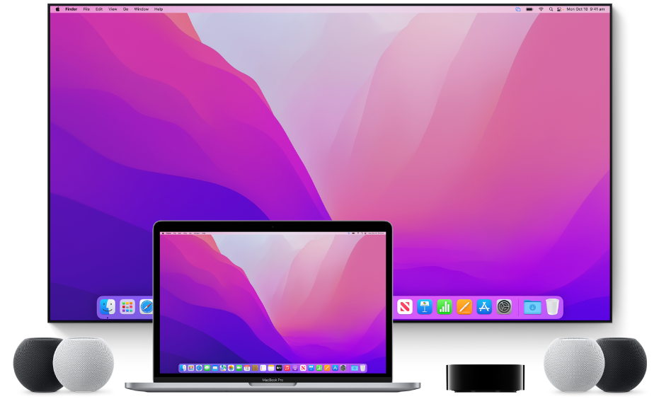 A Mac computer and devices to which it can stream content using AirPlay — for example, an Apple TV, HomePod mini speakers and a smart TV.