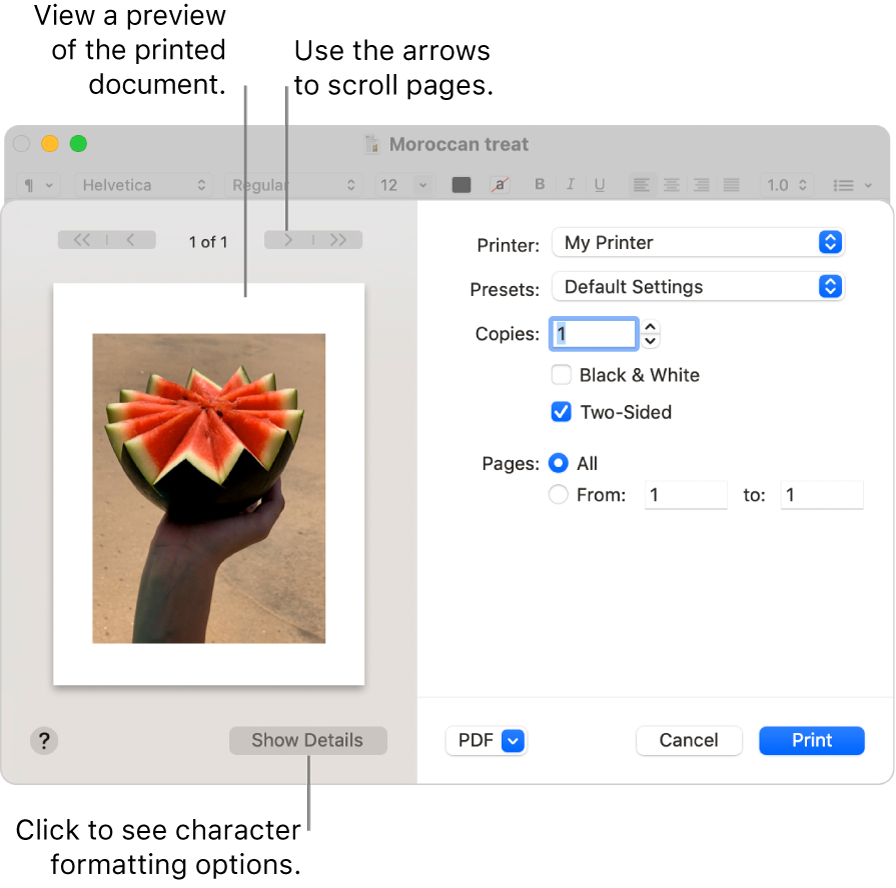 The Print dialogue shows a preview of your print job. Click the Show Details button to see more print options.