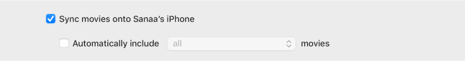 “Sync Movies onto [device]” tickbox is selected. Below that, the “Automatically include” tickbox is selected, and “all” is chosen in the pop-up menu.