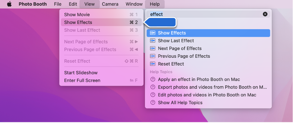 The Photo Booth Help menu with a search result for a menu item selected and an arrow pointing to the item in the app menus.