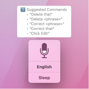 The Voice Control feedback window with suggested text commands, such as “Delete that” or “Click Edit,” displayed above it.